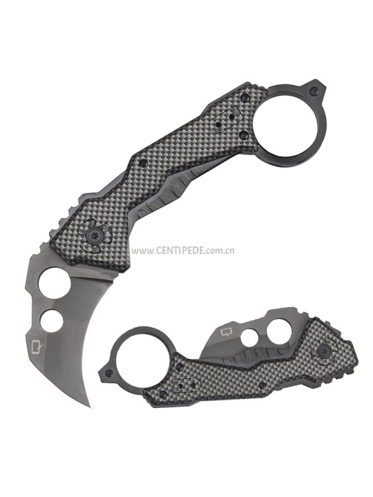 In stock 4.5 inches 3Cr13 with grey titanium plating blade and aluminium with carbon fiber pattern coating handle fighting folding karambits SF20046