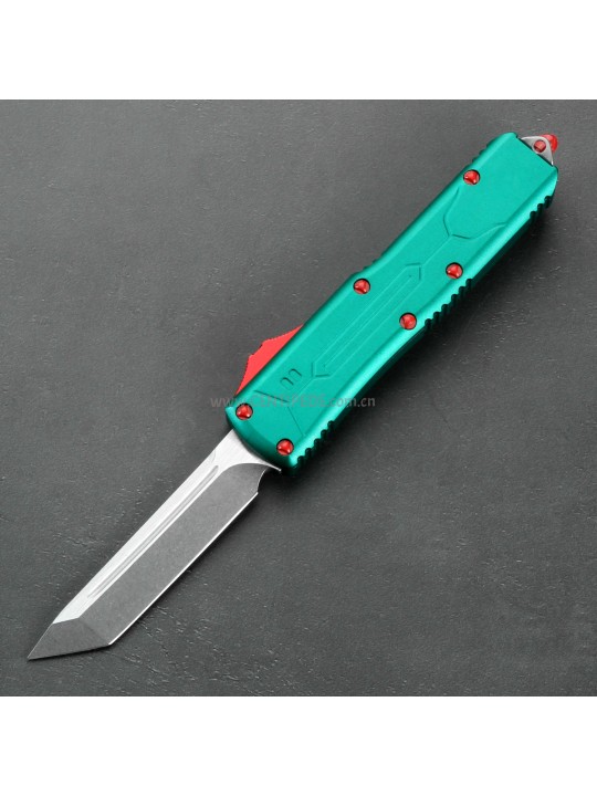 In stock 4.5 inches CNC stone washing 5Cr13 blade and green aluminium oxide handle automatic out the front knife ST40003